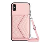 For iPhone XS Max Rhombic Texture Card Bag RFID Phone Case with Long Lanyard(Rose Gold) - 1