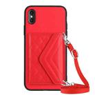 For iPhone XS Max Rhombic Texture Card Bag RFID Phone Case with Long Lanyard(Red) - 1