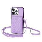 For iPhone 16 Pro Max Rhombic Texture Card Bag RFID Phone Case with Long Lanyard(Light Purple) - 1