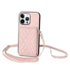 For iPhone 16 Pro Max Rhombic Texture Card Bag RFID Phone Case with Long Lanyard(Rose Gold) - 1