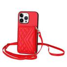 For iPhone 16 Pro Max Rhombic Texture Card Bag RFID Phone Case with Long Lanyard(Red) - 1