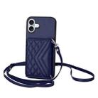 For iPhone 16 Plus Rhombic Texture Card Bag RFID Phone Case with Long Lanyard(Blue) - 1