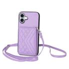 For iPhone 16 Plus Rhombic Texture Card Bag RFID Phone Case with Long Lanyard(Light Purple) - 1