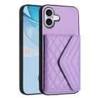 For iPhone 16 Plus Rhombic Texture Card Bag RFID Phone Case with Long Lanyard(Light Purple) - 3