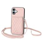 For iPhone 16 Plus Rhombic Texture Card Bag RFID Phone Case with Long Lanyard(Rose Gold) - 1