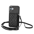 For iPhone 16 Plus Rhombic Texture Card Bag RFID Phone Case with Long Lanyard(Black) - 1