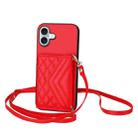 For iPhone 16 Plus Rhombic Texture Card Bag RFID Phone Case with Long Lanyard(Red) - 1