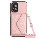 For Samsung Galaxy A13 4G Rhombic Texture Card Bag RFID Phone Case with Long Lanyard(Rose Gold) - 1