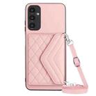 For Samsung Galaxy A14 5G Rhombic Texture Card Bag RFID Phone Case with Long Lanyard(Rose Gold) - 1