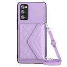 For Samsung Galaxy S20 FE Rhombic Texture Card Bag RFID Phone Case with Long Lanyard(Light Purple) - 1