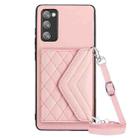 For Samsung Galaxy S20 FE Rhombic Texture Card Bag RFID Phone Case with Long Lanyard(Rose Gold) - 1