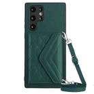 For Samsung Galaxy S22 Ultra 5G Rhombic Texture Card Bag RFID Phone Case with Long Lanyard(Green) - 1