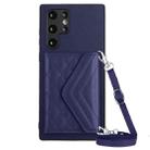 For Samsung Galaxy S22 Ultra 5G Rhombic Texture Card Bag RFID Phone Case with Long Lanyard(Dark Purple) - 1