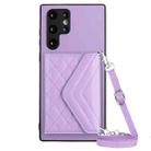 For Samsung Galaxy S22 Ultra 5G Rhombic Texture Card Bag RFID Phone Case with Long Lanyard(Light Purple) - 1