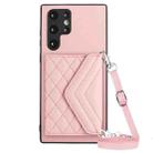 For Samsung Galaxy S22 Ultra 5G Rhombic Texture Card Bag RFID Phone Case with Long Lanyard(Rose Gold) - 1