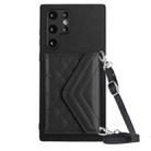 For Samsung Galaxy S22 Ultra 5G Rhombic Texture Card Bag RFID Phone Case with Long Lanyard(Black) - 1