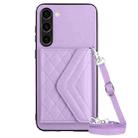 For Samsung Galaxy S23 5G Rhombic Texture Card Bag RFID Phone Case with Long Lanyard(Light Purple) - 1