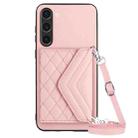 For Samsung Galaxy S23 5G Rhombic Texture Card Bag RFID Phone Case with Long Lanyard(Rose Gold) - 1