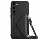 For Samsung Galaxy S23 5G Rhombic Texture Card Bag RFID Phone Case with Long Lanyard(Black) - 1