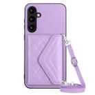 For Samsung Galaxy S23 FE 5G Rhombic Texture Card Bag RFID Phone Case with Long Lanyard(Light Purple) - 1