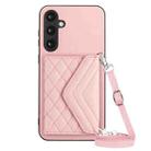 For Samsung Galaxy S23 FE 5G Rhombic Texture Card Bag RFID Phone Case with Long Lanyard(Rose Gold) - 1
