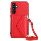 For Samsung Galaxy S23 FE 5G Rhombic Texture Card Bag RFID Phone Case with Long Lanyard(Red) - 1