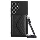 For Samsung Galaxy S23 Ultra 5G Rhombic Texture Card Bag RFID Phone Case with Long Lanyard(Black) - 1