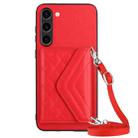 For Samsung Galaxy S23+ 5G Rhombic Texture Card Bag RFID Phone Case with Long Lanyard(Red) - 1