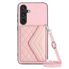 For Samsung Galaxy S24 5G Rhombic Texture Card Bag RFID Phone Case with Long Lanyard(Rose Gold) - 1