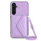 For Samsung Galaxy S24+ 5G Rhombic Texture Card Bag RFID Phone Case with Long Lanyard(Light Purple) - 1