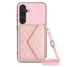 For Samsung Galaxy S24+ 5G Rhombic Texture Card Bag RFID Phone Case with Long Lanyard(Rose Gold) - 1