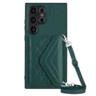 For Samsung Galaxy S24 Ultra 5G Rhombic Texture Card Bag RFID Phone Case with Long Lanyard(Green) - 1