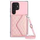 For Samsung Galaxy S24 Ultra 5G Rhombic Texture Card Bag RFID Phone Case with Long Lanyard(Rose Gold) - 1