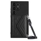 For Samsung Galaxy S24 Ultra 5G Rhombic Texture Card Bag RFID Phone Case with Long Lanyard(Black) - 1