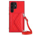 For Samsung Galaxy S24 Ultra 5G Rhombic Texture Card Bag RFID Phone Case with Long Lanyard(Red) - 1