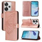 For Xiaomi Poco F6 Embossed Butterfly Leather Phone Case(Rose Gold) - 1