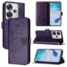 For Xiaomi Poco F6 Embossed Butterfly Leather Phone Case(Dark Purple) - 1