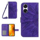 For ZTE Anshin Family A303ZT Skin Feel Sun Flower Pattern Leather Phone Case with Lanyard(Dark Purple) - 1