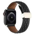 For Apple Watch Series 8 45mm Rhombus Pattern Magnetic Folding Buckle Leather Watch Band(Black) - 1
