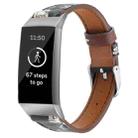 For Fitbit Charge 4 / 3 Top-grain Leather + 316L Stainless Steel Watch Band, Size:Small Code(Grey Flower) - 1