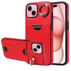 For iPhone 15 Calf Texture Card Slot Ring Holder Phone Case(Red) - 1
