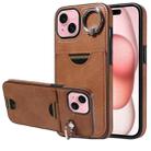 For iPhone 15 Calf Texture Card Slot Ring Holder Phone Case(Brown) - 1