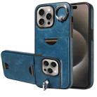 For iPhone 15 Pro Max Calf Texture Card Slot Ring Holder Phone Case(Blue) - 1