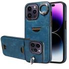 For iPhone 14 Pro Max Calf Texture Card Slot Ring Holder Phone Case(Blue) - 1