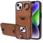 For iPhone 14 Plus Calf Texture Card Slot Ring Holder Phone Case(Brown) - 1