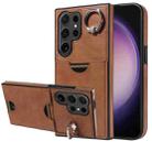 For Samsung Galaxy S24 Ultra 5G Calf Texture Card Slot Ring Holder Phone Case(Brown) - 1