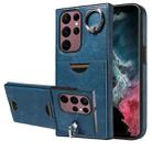 For Samsung Galaxy S22 Ultra 5G Calf Texture Card Slot Ring Holder Phone Case(Blue) - 1