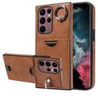 For Samsung Galaxy S22 Ultra 5G Calf Texture Card Slot Ring Holder Phone Case(Brown) - 1
