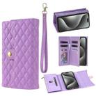 For iPhone 15 Pro Max Zipper Multi-Card Wallet Rhombic Leather Phone Case(Purple) - 1