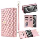 For iPhone 15 Pro Max Zipper Multi-Card Wallet Rhombic Leather Phone Case(Rose Gold) - 1